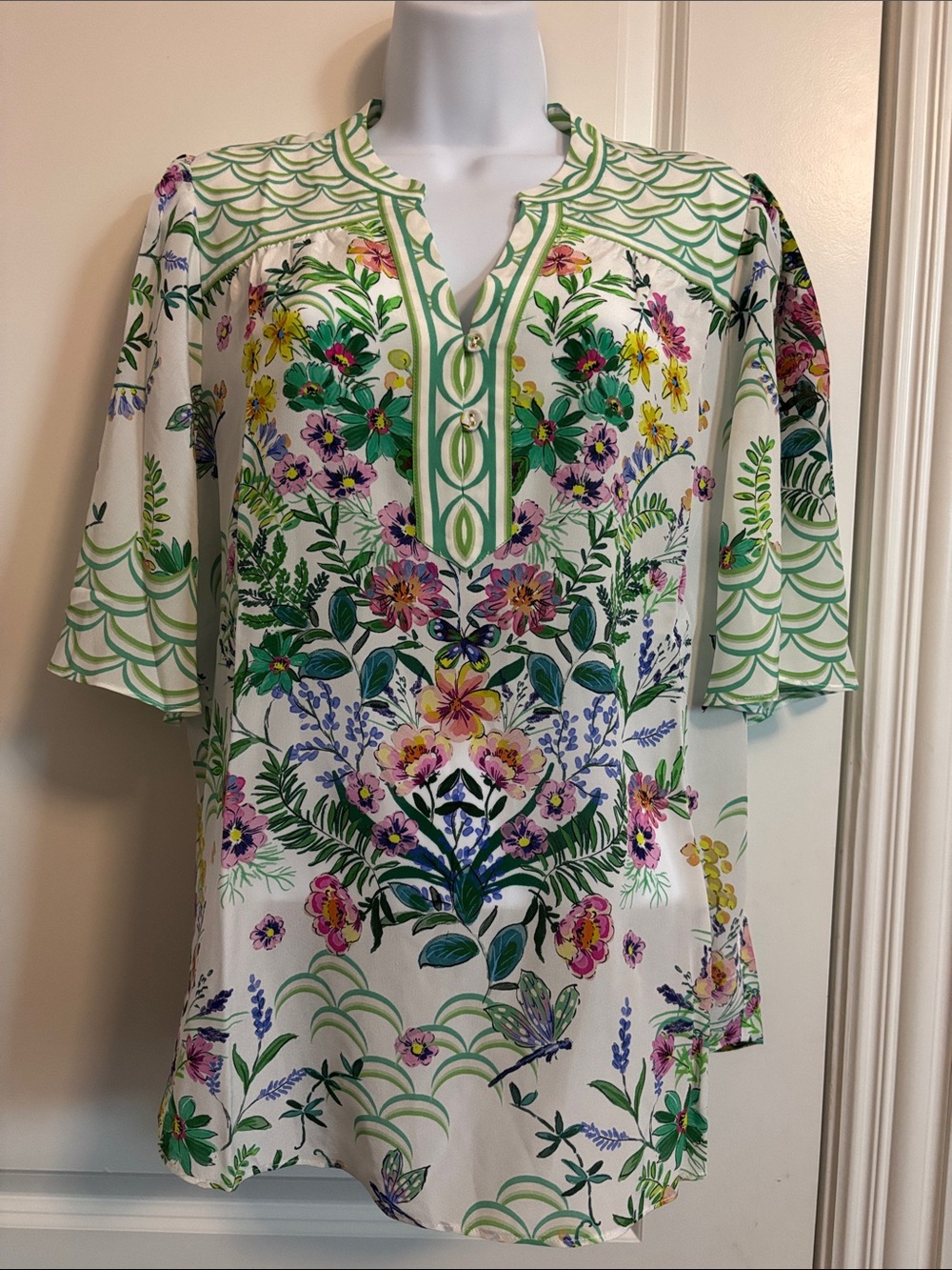 Hale Bob 100% Silk Floral Butterfly Bell Sleeve Blouse Size L